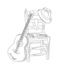 Musical guitar festival. Guitar, chair and hat. Vector vintage illustration. Country