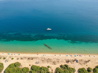 Panoramic aerial view over the shipwreck in Divari beach near Navarino bay, Gialova. It is one of the best beaches in mediterranean Europe located in Messinia, Greece