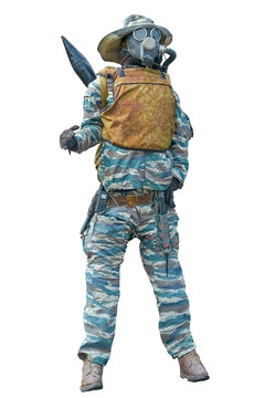 Mannequin in military camouflage uniform and gas mask isolate on white background.