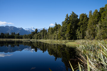 Fototapeta na wymiar Leading line of forest edge of Lake matheson with Southern Alps and perfect reflection