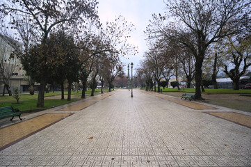 Alameda Public park during a winter rainy day in Talca, Chile, south America