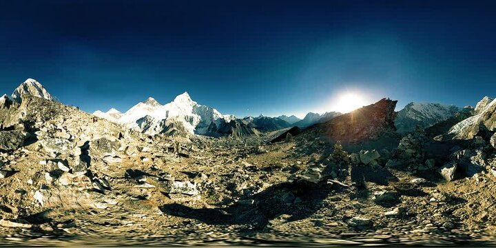 360 vr panoramic view of sunset over Kala Patthar. Mount Everest and Lhotse with beautiful sky and Khumbu glacier. Khumbu valley, Sagarmatha national park, Nepal of the Himalayas. End point of EBC