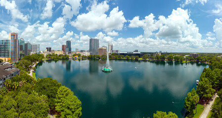 Aerial panoramic view of downtown Orlando, Florida at Lake Eola. June 19, 2022