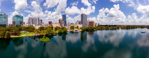 Aerial view of Aerial panoramic view of downtown Orlando, Florida at Lake Eola. June 19, 2022
