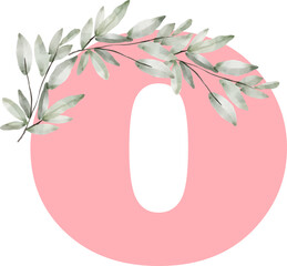 Pink Letter with watercolor roses and leaves. Pastel floral alphabet, from A to Z set, symbol, type, font