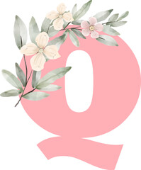 Pink Letter with watercolor roses and leaves. Pastel floral alphabet, from A to Z set, symbol, type, font