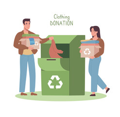 Recycle of used clothes. A man and a woman brought and put their clothes in a container for recycling and the subsequent creation of sustainable fashion. Flat vector illustration, cartoon style.