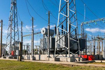 High voltage substation. Power transformer.
