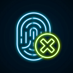 Glowing neon line Cancelled fingerprint icon isolated on black background. Access denied for user concept. Error, fraud. Identification sign. Touch id. Colorful outline concept. Vector