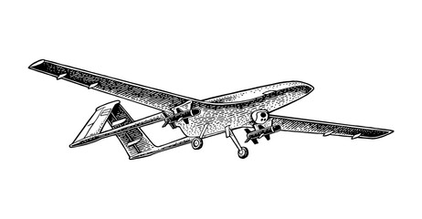 Military drone with a missile. Vector hand drawn black vintage engraving.