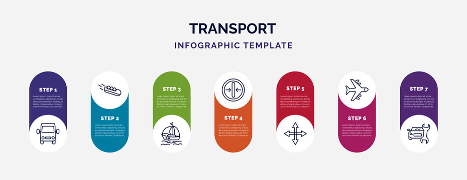 infographic template with icons and 7 options or steps. infographic for transport concept. included van front view, bobsleigh, sailing boat with veils, slim, movement, airplane flying, car repair