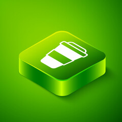 Isometric Coffee cup to go icon isolated on green background. Green square button. Vector