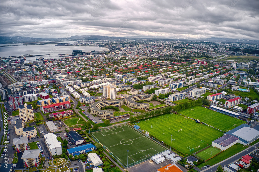 Sticker Aerial View of Reykjavik, The Rapidly Growing Urban Metro of Iceland