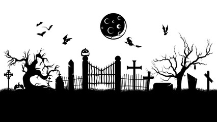 MobileCreepy cemetery silhouette. Black Halloween horror landscape. Spooky graveyard panorama. Black silhouettes of tombstones, crosses and gravestones. Vector nightmare illustration