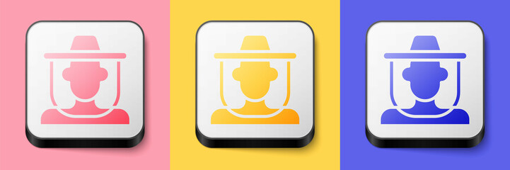 Isometric Beekeeper with protect hat icon isolated on pink, yellow and blue background. Special protective uniform. Square button. Vector