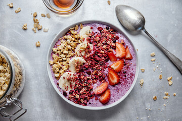 Fruity healthy muesli bowl on table
