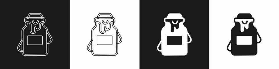 Set Jar of honey icon isolated on black and white background. Food bank. Sweet natural food symbol. Vector