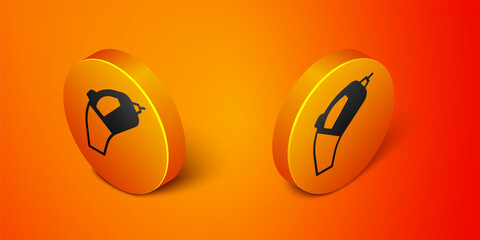 Isometric Portable vacuum cleaner icon isolated on orange background. Orange circle button. Vector