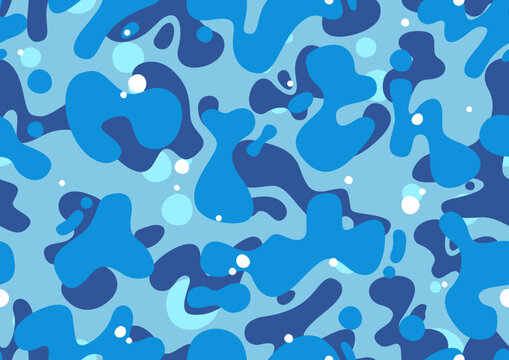 Cartoon camo design in blue, cyan and navy colors, fashion texture, streetwear graphics. Blue marine camouflage seamless pattern, editable eps vector. 

