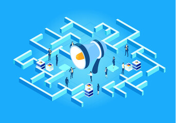 Business people working in labyrinth, work as team, find solution, make progress. business concept Isometric illustration