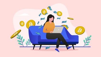 Female Bitcoin investor trading crypto currency on laptop computer in sofa at home. Flat design vector illustration