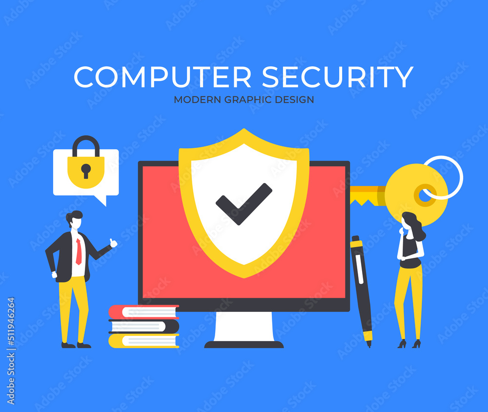 Poster computer security. people and computer with shield and check mark. protection technology, digital se
