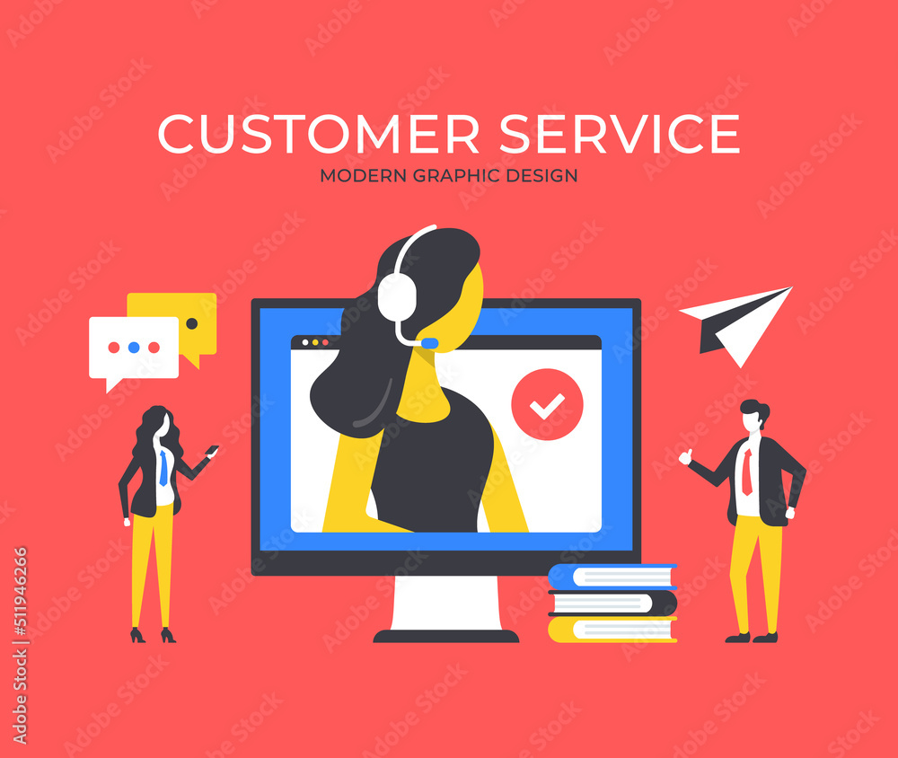Poster customer service. people and computer with client support agent. call center, customer service conce