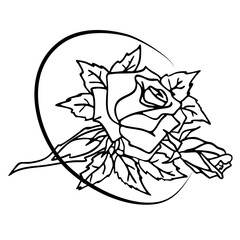 black and white graphic drawing of a rose, contour flower, antistress coloring book, tattoo