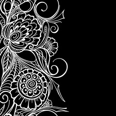 seamless repeat oriental border, outline white floral pattern on black background, texture, frame