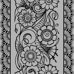 seamless repeat oriental border, outline black floral pattern on gray background, texture, frame
