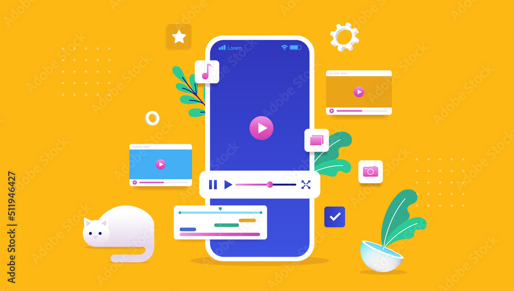 Poster smartphone video editing - phone with app to edit and work with videos. vector illustration
