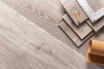 Naklejka na ściany i meble Wood laminate background on floor texture. Wooden laminate heap top view