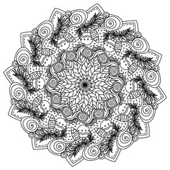 Christmas mandala, meditative coloring page with Christmas tree branch, balls and ornate patterns