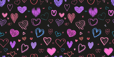 Fototapeta na wymiar Hand drawn background with hearts. Seamless grungy wallpaper on surface. Chaotic texture with many love signs. Lovely pattern. Line art. Print for banner, flyer or poster. Colorful illustration