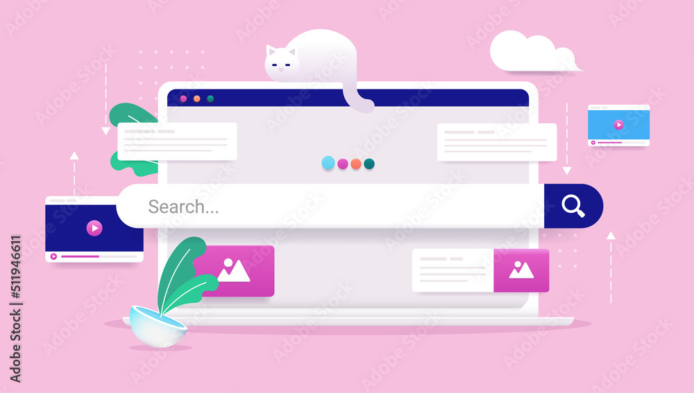 Aufkleber Web search vector illustration - Laptop with search bar and internet browser searching media and content