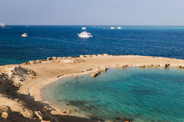 Beautiful seascape near Hurgada, Coast in Egypt Red Sea. Amazing nature background Luxury holiday resort.