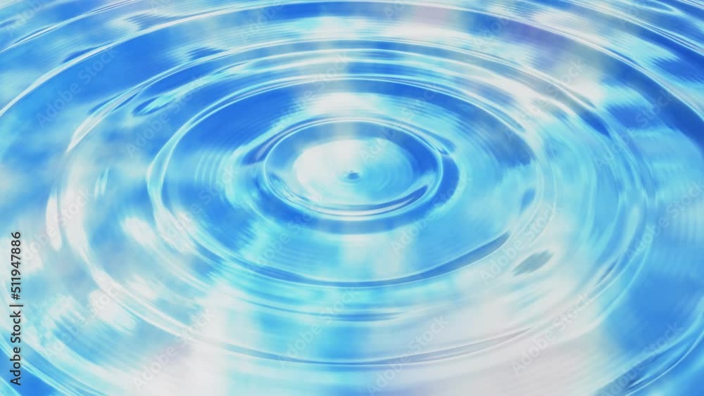 Poster realistic 3d animation of the circles on a water surface with blue sky running white clouds reflecti