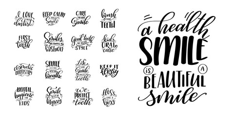 Dental care hand drawn quote. Typography lettering for poster. Dentists make world a better place one smile at a time. Vector illustration