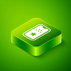 Isometric Taxi mobile app icon isolated on green background. Mobile application taxi. Green square button. Vector