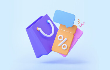 Gift coupons for sales. With purple shopping bag and speech bubble for prices. 3D rendering illustration
