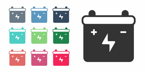 Black Car battery icon isolated on white background. Accumulator battery energy power and electricity accumulator battery. Set icons colorful. Vector