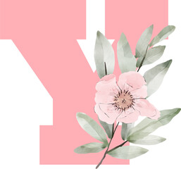 Pink letter Y - character symbol type, watercolor, floral, rose, leaves, leaf, botanical, nature, natural, green, type
