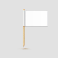 Toothpick flag isolated on wood stick with white paper. Realistic little tooth pick for lunch. Vector cocktail decoration