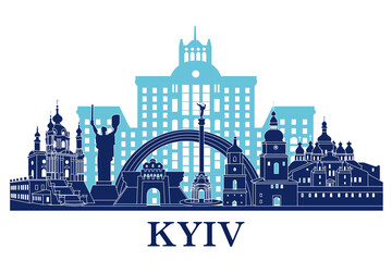 Obraz premium Kyiv city skyline, Ukraine. The most famous buildings in Kyiv, Ukraine 