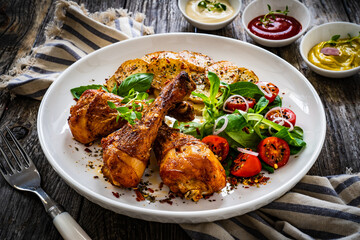 Barbecue chicken drumsticks with fried potato, lettuce and mini tomatoes on wooden table
