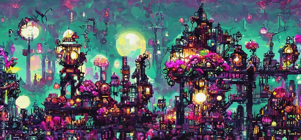 Fototapete fantasy retro futuristic city at night with neon lights. pixel art. 3d illustration in a style of co
