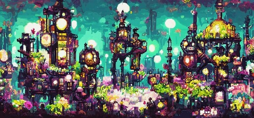 Fantasy retro futuristic city at night with neon lights. Pixel art. 3D illustration in a style of computer graphics of 80's.