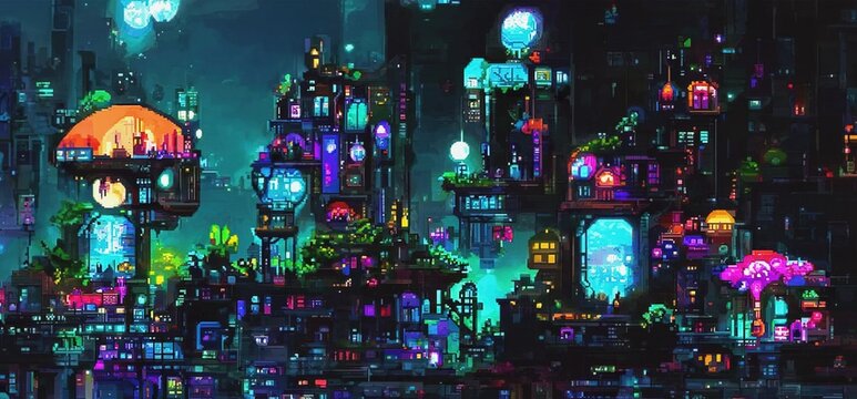 Fantasy retro futuristic city at night with neon lights. Pixel art. 3D illustration in a style of computer graphics of 80's.