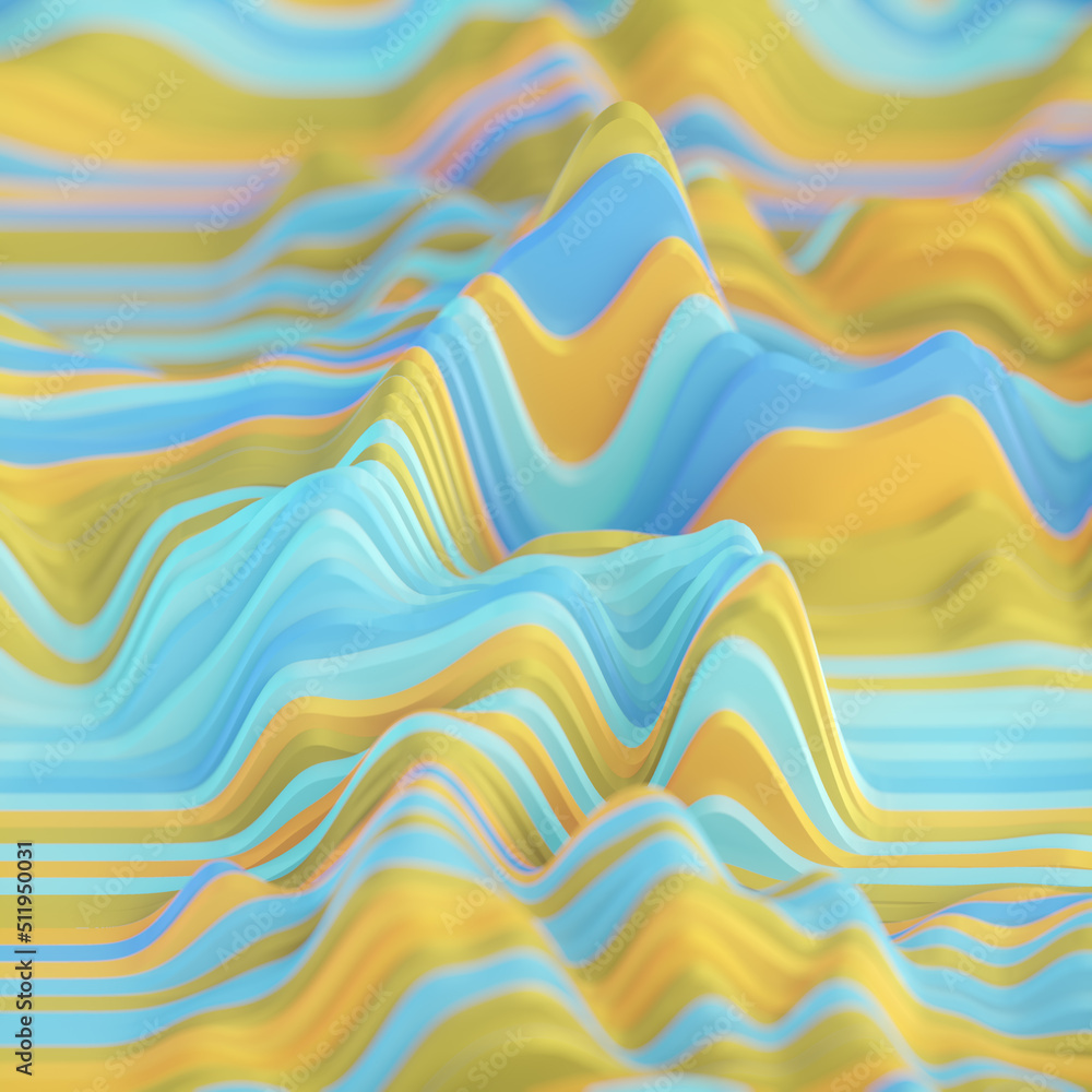 Poster Fantastic composition of yellow and blue wavy stripes with depth of field effect. 3d rendering digital illustration