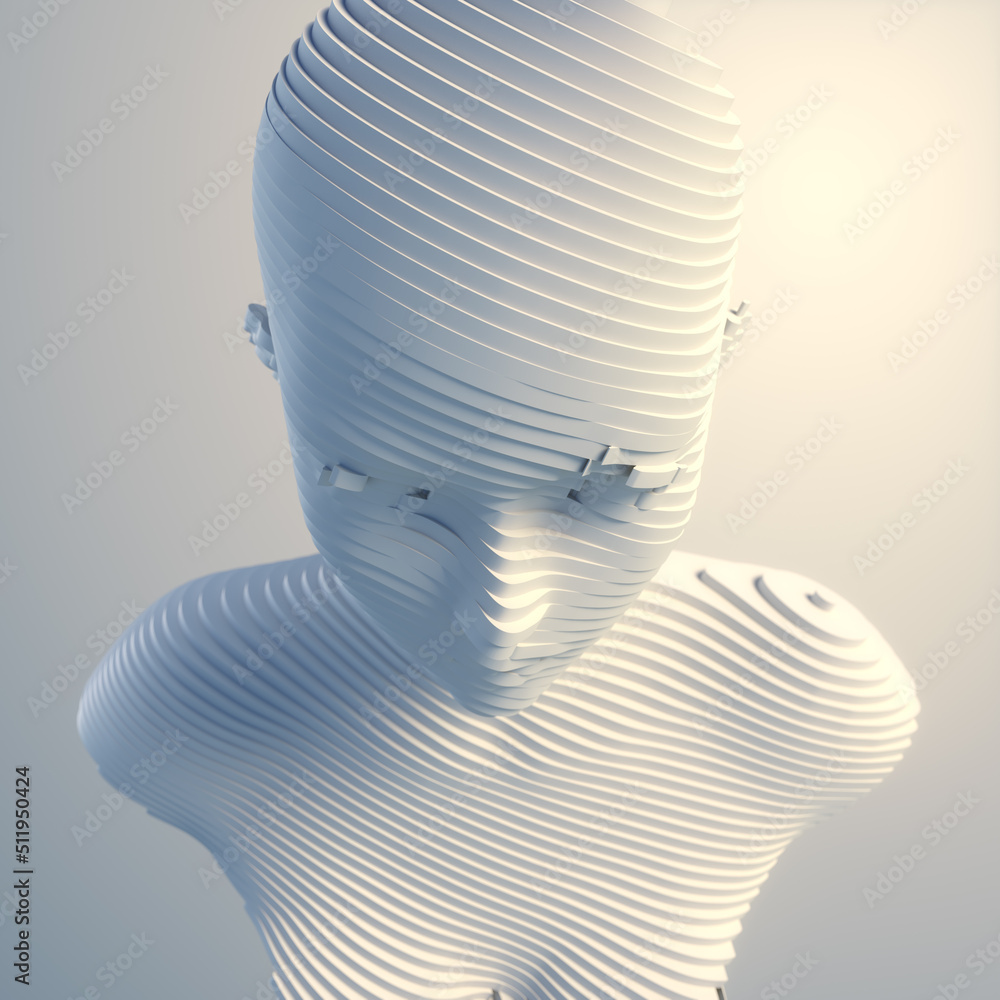 Poster futuristic composition of white slices in the form of a woman bust. 3d rendering abstract digital il